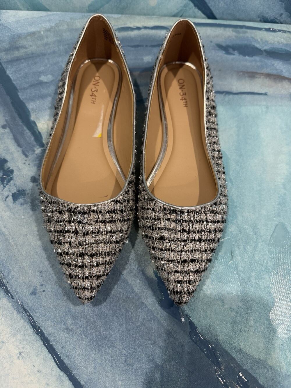 On 34th Pointed Toe Embellished Ballet Flats Size US 7 Silver Black Tweed
